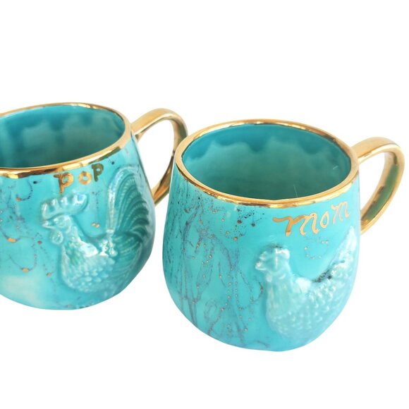 Kitsch Mugs 60s Vintage Ceramic Mom & Pop Rooster Hen Cups Turquoise Gold 24 oz - Picture 10 of 11